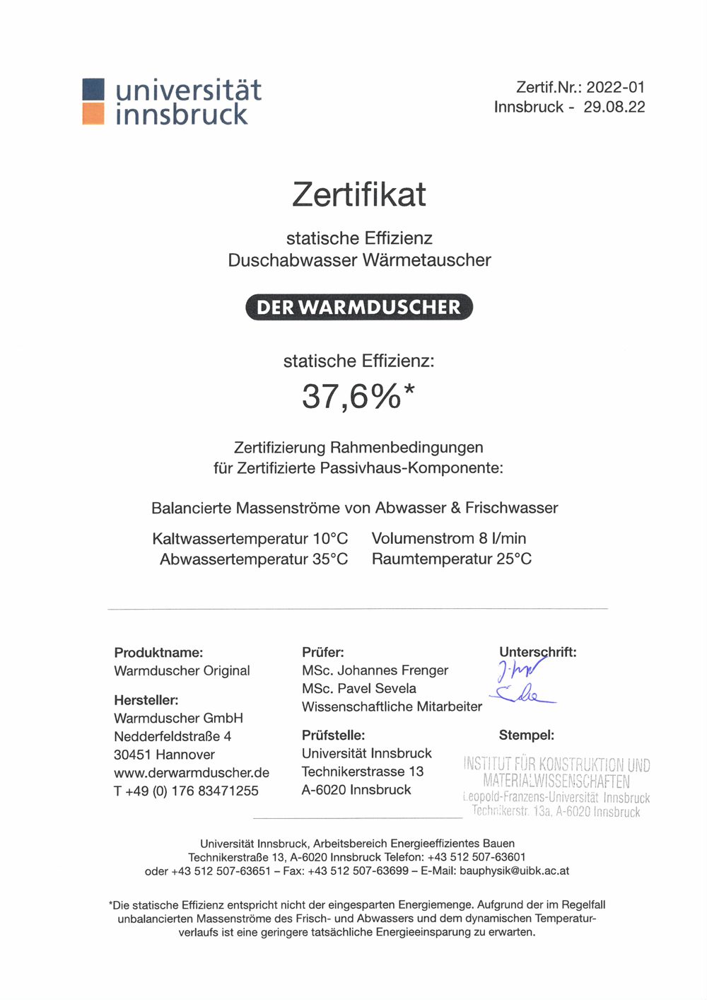 Zertifikat-Effizienz-Waermetauscher-Universitaet-Innsbruck-Energiesparen